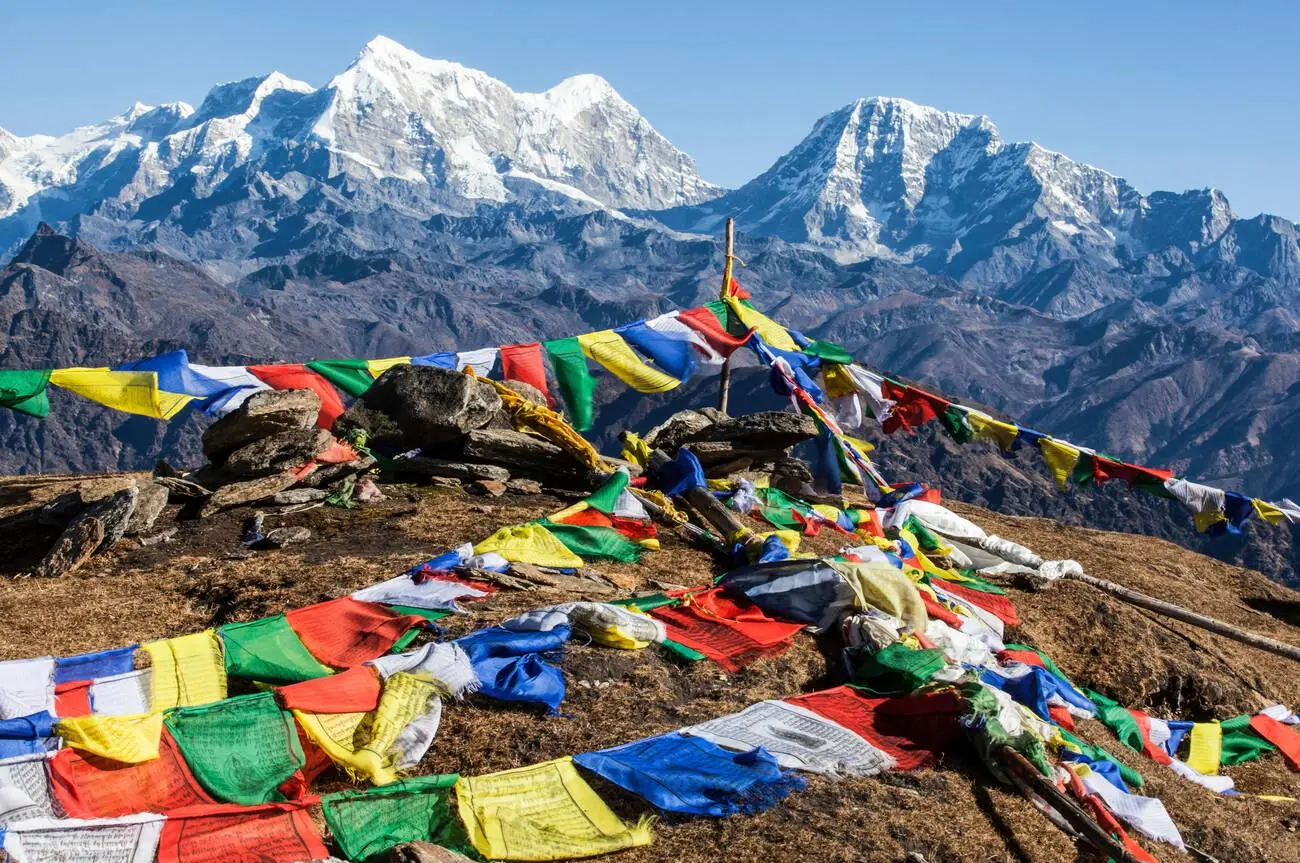 Buddhist prayer flags at the summit of Pikey Peak, Nepal